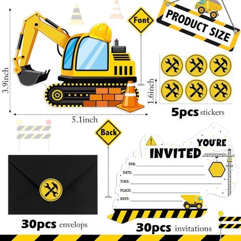 30 Sets Construction Excavator Birthday Party Invitations Cards with Envelopes Stickers Construction Themed Invitations