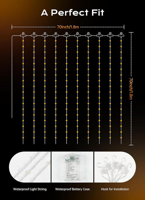 180 70 Inch 8 Brightown LED Shower Curtain Lights, Warm White Fairy Lights Battery Operated String Lights, Modes