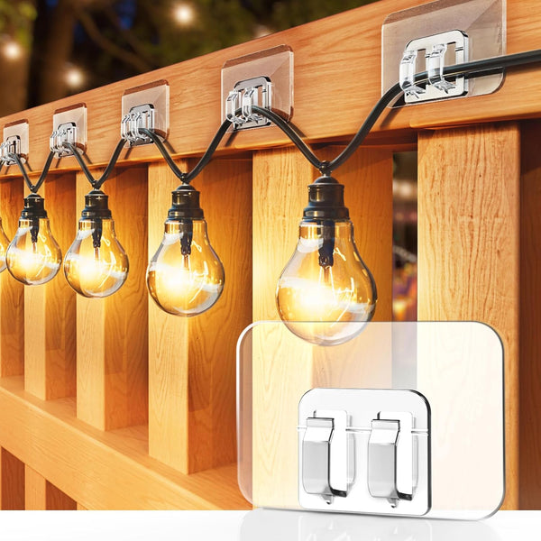 Hooks for Outdoor String Lights, 100 Pack with Adhesive Strips, No Damage, Waterproof and UV-Resistant