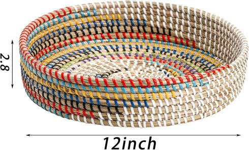 12'' SOUJOY Woven Seagrass Serving Tray, Rattan Serving Tray, Handmade Round Ottoman Fruit Tray, Colorful Coffee Table
