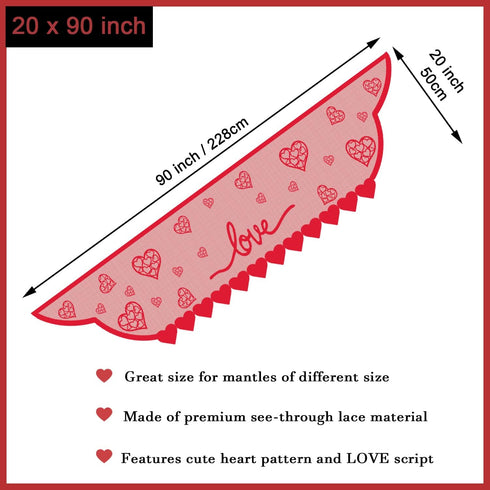 Red Heart Mantle Scarf for Fireplace Decorations - Lace Mantel Cover Runner for Home Living Room, Romantic Indoor Decor