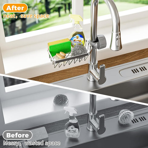 LONIN Stainless Steel Kitchen Sink Organizer Caddy Over Faucet Sponge & Brush Holder, Rust-Resistant, Adjustable