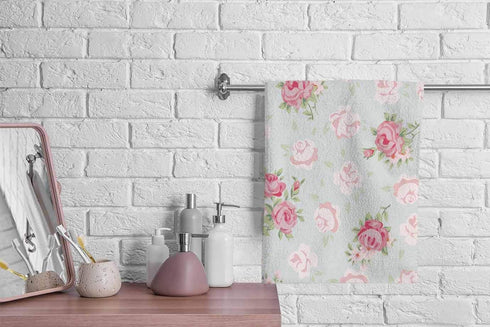 oFloral Pink Rose Hand Towels, Cotton Washcloths with Seamless Pattern, Vintage Style Soft Towels (15X30 Inch)
