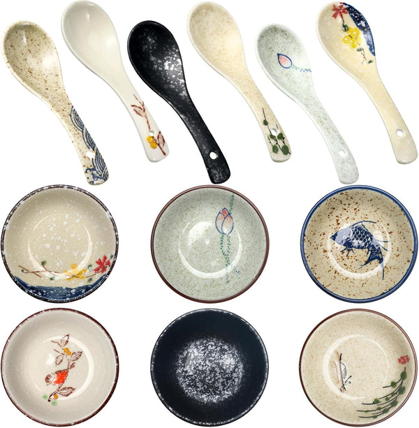 Tioncy Set of 12 Japanese Retro Style Tableware, 6 Pcs Asian Soup Spoons, 6 Pcs Ramen Spoons, 3.8 Inch Rice Spoon
