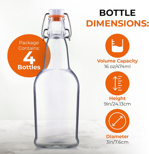 Bellemain Swing Top Glass Water Bottles, Reusable Clear Glass for Juice, Set of 4 (16oz)