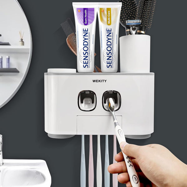 Toothbrush Holder Wall Mounted, WEKITY Multi-Functional Toothbrush and Toothpaste Dispenser for Bathroom,