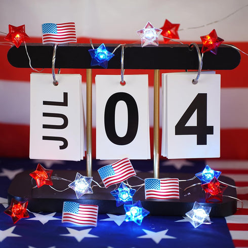 4th 13 40 BOHON of July Decorations Battery Operated String Lights with Timer ft LEDs Red White and Blue Star American