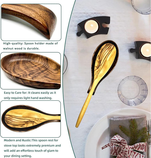 Walnut Wooden Spoon Rest - Heat-Resistant Wood Holder for Stove Top, Kitchen Utensil Organizer for Ladles & Spatulas