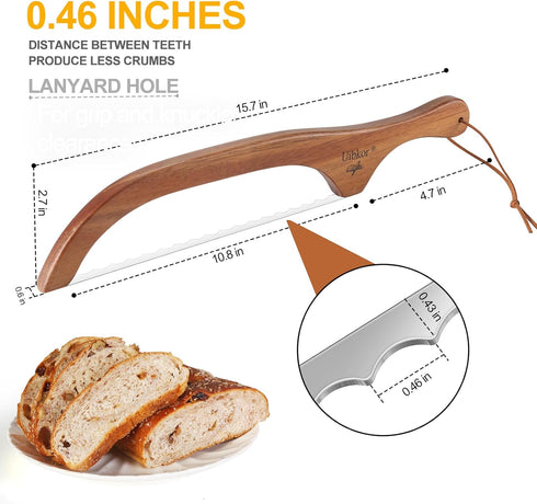 Wooden Bread Bow Knife, 16" Serrated Bagel Knife, Serrated Sourdough Cutter, Premium Stainless Steel Serrated Saw Bread Cutter, Bread Slicer Knife for Homemade Bread, Bagels, Baguettes and More by Uibkor