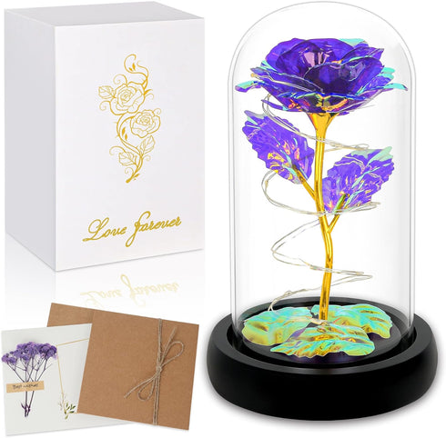 Childom Light Up Rose in Glass Dome, Colorful Purple Flowers for Women, Mom, Grandma, Christmas, Anniversary Gifts