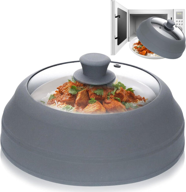Magnetic Collapsible Microwave Cover, Large 11.8" Tempered Glass & Silicone Lid, Heat Resistant Splatter Guard