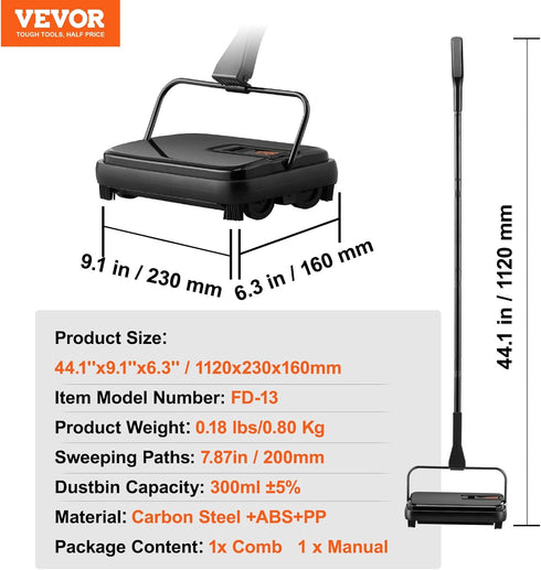 VEVOR Carpet Sweeper Manual, Floor Sweeper with 300 ml Dustbin Capacity, Easy to Empty for Home Office Carpets, Black