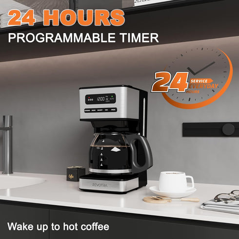 12-Cup Programmable 1-4 Setting, 24H REVOTRA Coffee Maker, Regular & Strong Brew Drip Coffee Machine, Cup and Ice