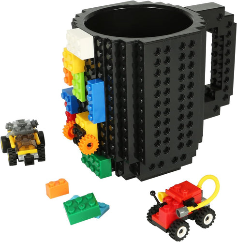 Build-on Brick Coffee Mug, Funny DIY Novelty Cup with Building Blocks for Kids, Men, Women, Xmas Birthday (Cool Black)
