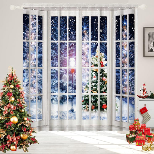Winter Scenery Window Curtain 2 Panels, 82X84 Inch, Snowflake Christmas Tree Fabric Drapes for Bedroom Living Room