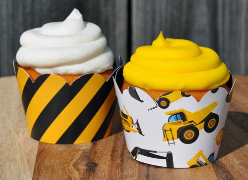 Construction Cupcake Wrappers for Kids Birthday Party Supplies, Set of 24 Reversible Caution Zone Design