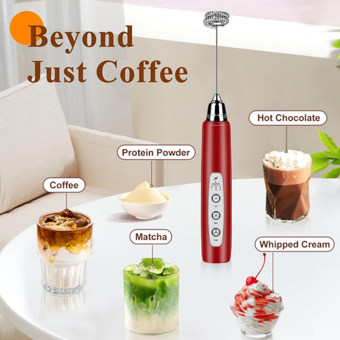 Milk Frother Handheld Rechargeable, Electric Whisk for Coffee, Detachable with 3 Stainless Whisks, No Stand, Red