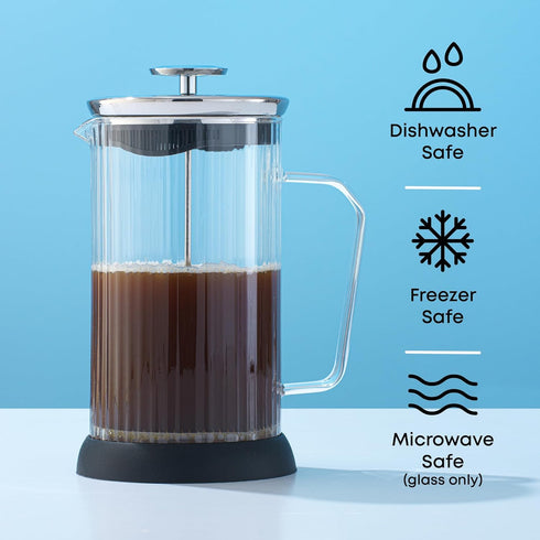 JoyJolt Fluted French Press Coffee and Tea Maker Set, 33.8oz, Stainless Steel, Borosilicate Glass, Portable