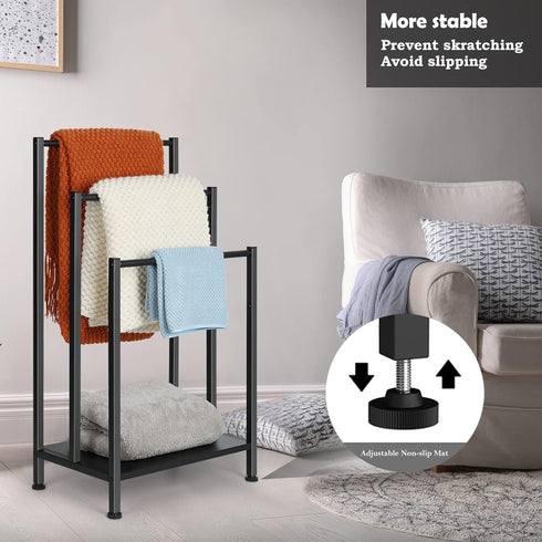 3 Free Standing Blanket Ladder Holder Rack, Tier Black Metal Towel Racks Stand with Wooden Storage Shelf, Multipurpose