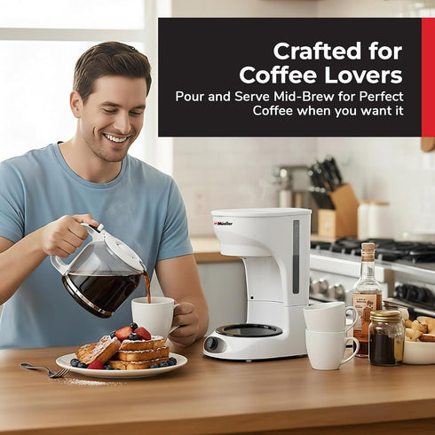 12-Cup MUELLER HOME White Coffee Maker - Borosilicate Carafe, Auto-Off, Reusable Filter, Anti-Drip, Keep-Warm Function
