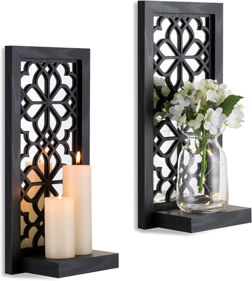 Black Candle Sconces Wall Decor - Gothic Wood Candle Shelves Decor for