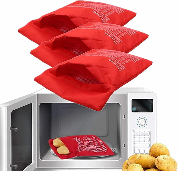 Microwave Potato Bags, 3 Pack Reusable Cooker Bag for Baked Pouch Potato, Red