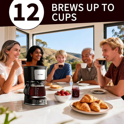 12-Cup Filter,Programmable Drip Coffee Maker with Reusable Clock,Auto Brew,Water Window,Keep Hot Plate,Glass