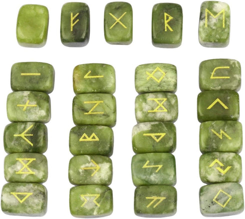 SUNYIK Natural Green Jade Rune Stones Set with Engraved Elder Futhark Alphabet, Polished Healing Crystals