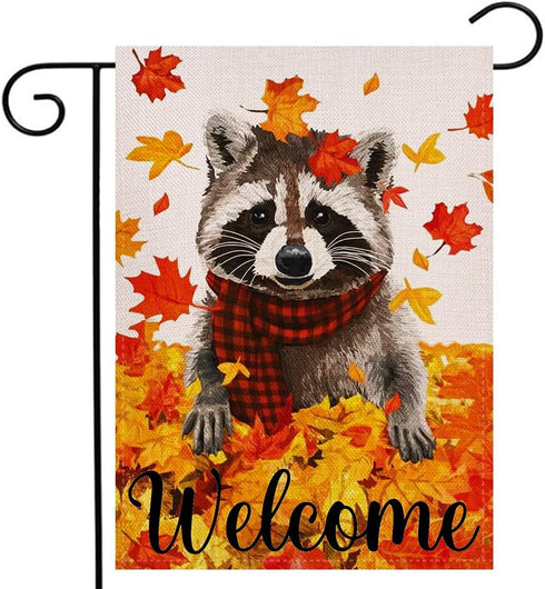 Welcome Fall Maple Leaves Garden Flag, 12.5x18 Inch Double Sided Seasonal Raccoon Outdoor Decoration for Autumn