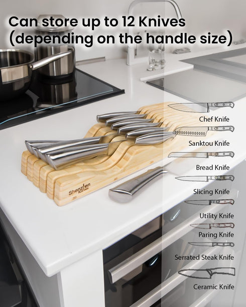 Large In-Drawer Plastic Knife Block: 11 Slot Empty Knife Holder for Kitchen Drawers, Cutlery Tray Organizer