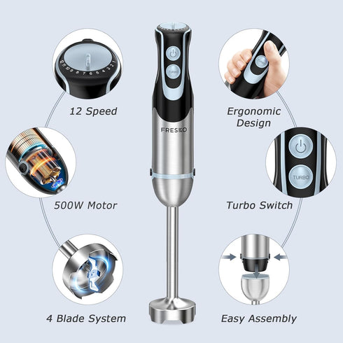 FRESKO Immersion Blender, 4-in-1 Stainless Steel Hand Stick Blender with 12-Speeds & Turbo Mode for Smoothies & Soup