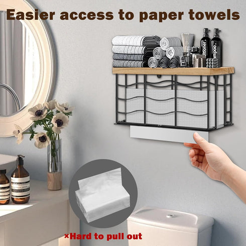 Metal Paper Towel Dispenser with Wood Lid, Wall Mounted & Countertop Tri-Fold Napkin Holder for Home Bathroom Kitchen