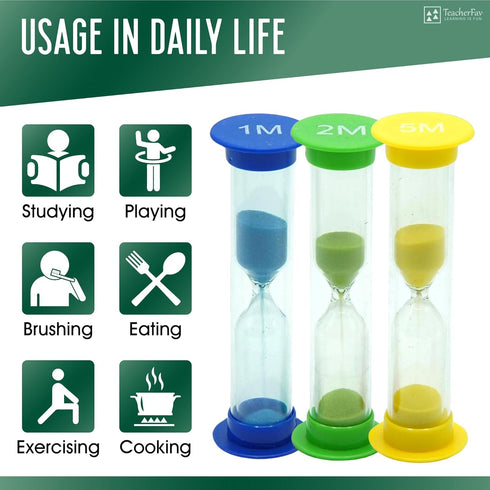Sand Timer for Kids, Set of 3 Small Colorful Hourglass Clocks, 1Min 2Min 5Min for Classroom & Home