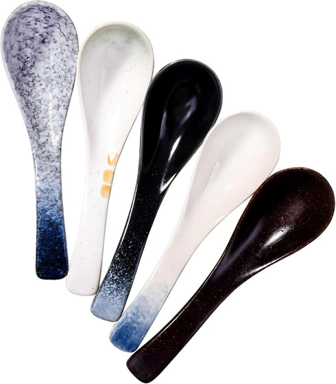 Japanese Soup Spoons Set of 5, Porcelain Ramen Spoons for Wonton, Dishwasher Safe