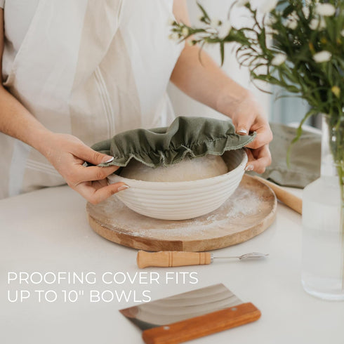 Set KIBAGA Beautiful Linen Bread Bag and Proofing Cover For Homemade Sourdough Bread - Keeps Your Loaf Fresh for Days