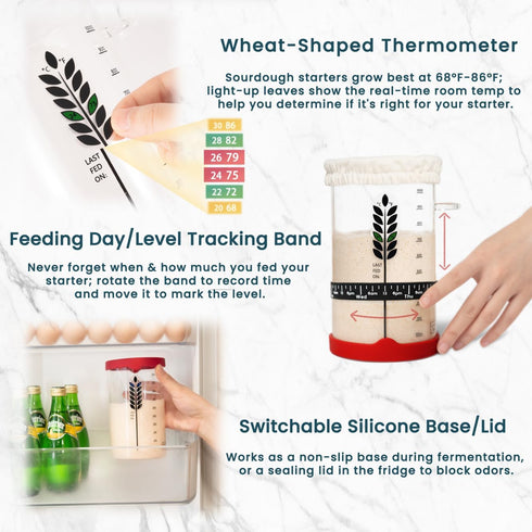 Sourdough Starter Kit - 38oz with Cookbook, Measuring Cup, Spatula, Thermometer, Date Marked Feeding Band, Glass Jar