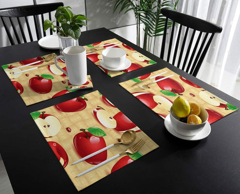 Greeeen Placemats Set of 6, Red Apples Place Mats for Dining Table, Washable Cotton Linen