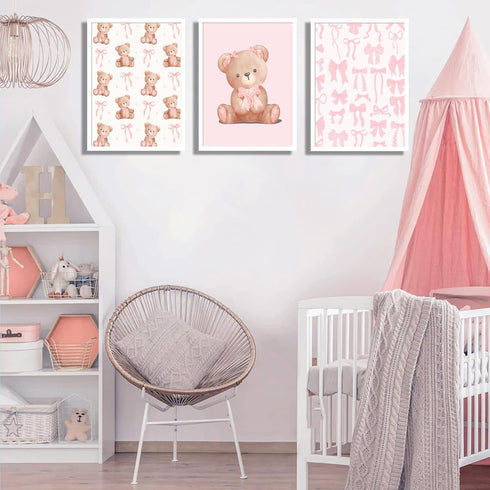 3Pcs Pink Teddy Bear Wall Art Coquette Bow Wall Decor Pictures Cute Animal Nursery Canvas Posters Prints for Baby Girls