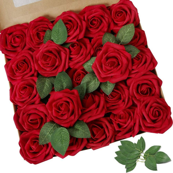 AmyHomie 50pcs Dark Red Artificial Flowers, Real Looking Fake Roses with Stem for DIY Wedding Bouquets, Centerpieces,