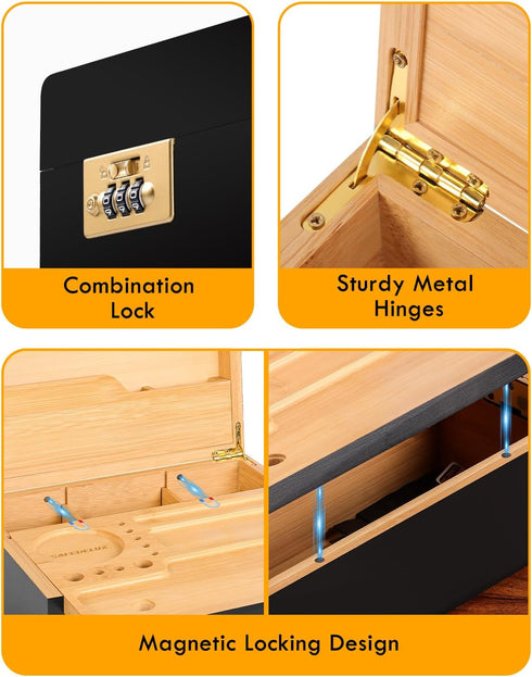 Large Bamboo Box with Combination Lock, Decorative Storage Kit with Airtight Glass Jars and Removable Tray for Home