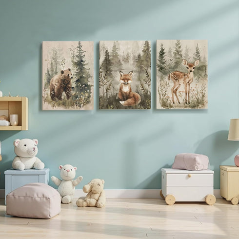 ICHZUMW 12x16in, Set 3 Woodland Animals Nursery Wall Decor, Nursery Wall Art, Watercolor Bear Fox Deer Painting Print