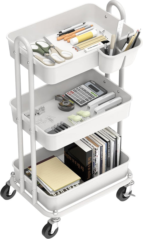 3-Tier Simple Houseware Multifunctional Rolling Utility Cart with Hanging Bucket, White
