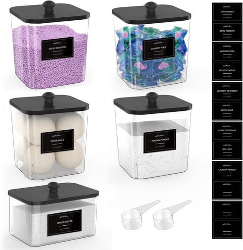 COAZEX 4+1 Pack Clear Laundry Pods Container & Dryer Sheet Holder, Plastic
