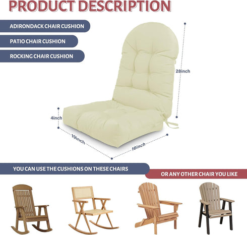 44x19x4in Adirondack Chair Cushion,Outdoor Waterproof Rocking Chair Cushion Beige Non-Slip High Back Patio Chair