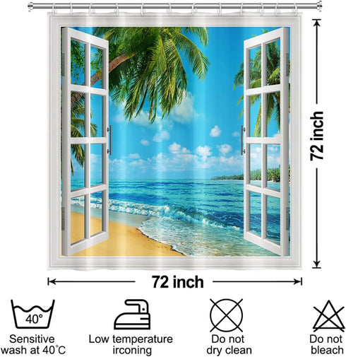 Summer Shower Curtain Set for Bathroom, White Window Blue Sky Sea Water with Green Palm Trees, 72x72 inches