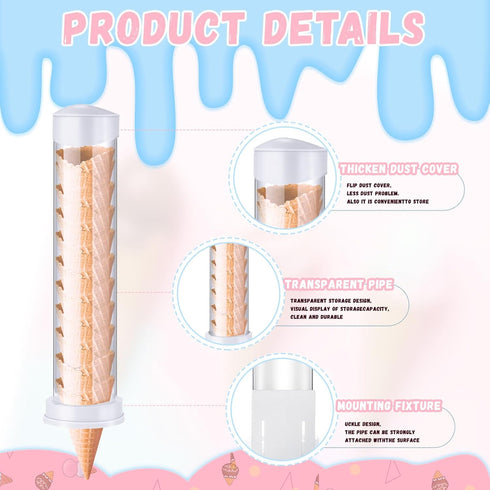 2 16'' 3'' 2 Tioncy Pcs Ice Cream Cone Dispenser Waffle Cones Holder L x Dia with Gaskets for Ice Cream Wall Mount