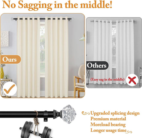 TONIAL Decorative Curtain Rods, 32 to 58 Inch, Black with Translucent Diamond Finial