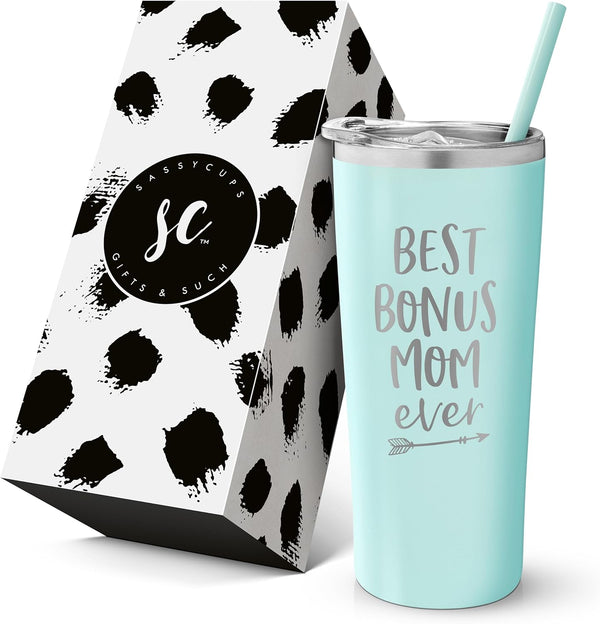 SassyCups 22 Ounce Mint Stainless Steel Insulated Tumbler | Best Bonus Mom Ever | Engraved with Lid & Straw | Stepmom