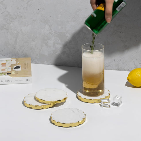 Set 6 Set, 4 inch of Real Marble Coasters with Golden Borders, decoratice White & Gold Coasters for Desk, Coffee Table