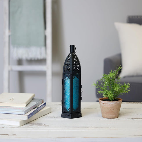 Zingz & Thingz Decorative Light Candle Lantern Holder, Moroccan Style, 13" Tall, Black with Blue Glass